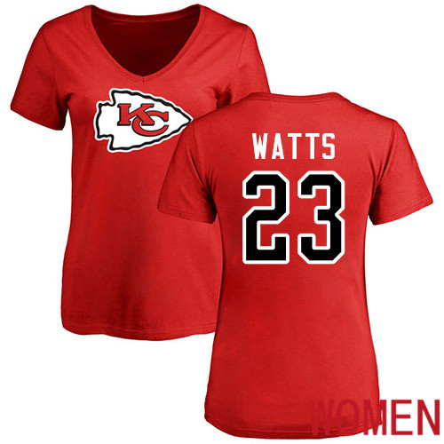 Women Football Kansas City Chiefs #23 Watts Armani Red Name and Number Logo Slim Fit T-Shirt